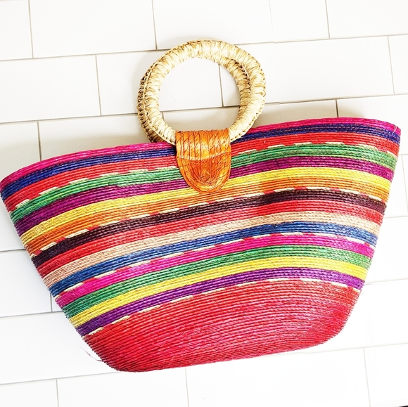 Handbags - Rainbow Striped Straw Top Handle Beach Bag